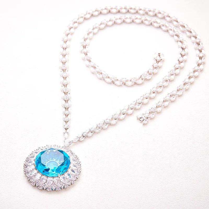 Rhodium Plated Navy Blue Grand Exaggerated Design Treasure Long Necklace Trendy Zircon Inlay for Men Women's Party Mainly Made