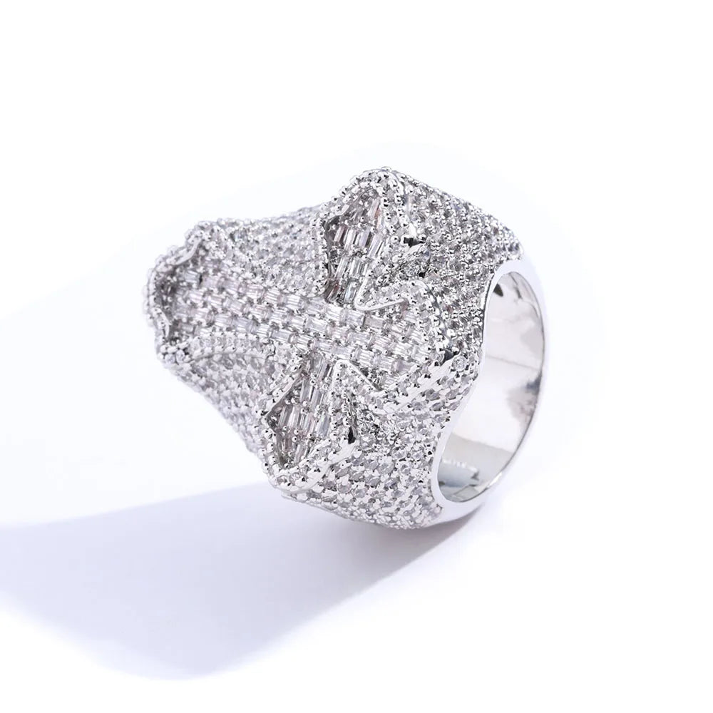 Fashion Jewelry Iced Out Diamond Crass Ring Full Pave Shiny Zircon Silver Cross Ring for Men and Women's Gift Hip Hop Jewelry