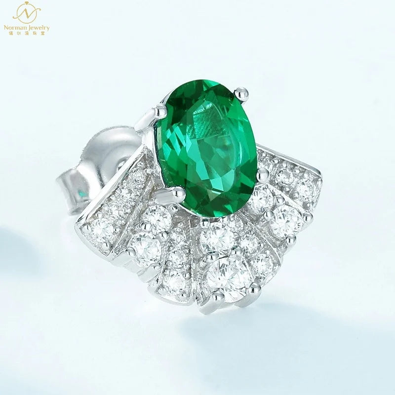 European American Elegant Cross-Border S925 Silver Fine Stud Earrings Cute Fan-Shaped Brilliant Cultivated Emerald Full Set