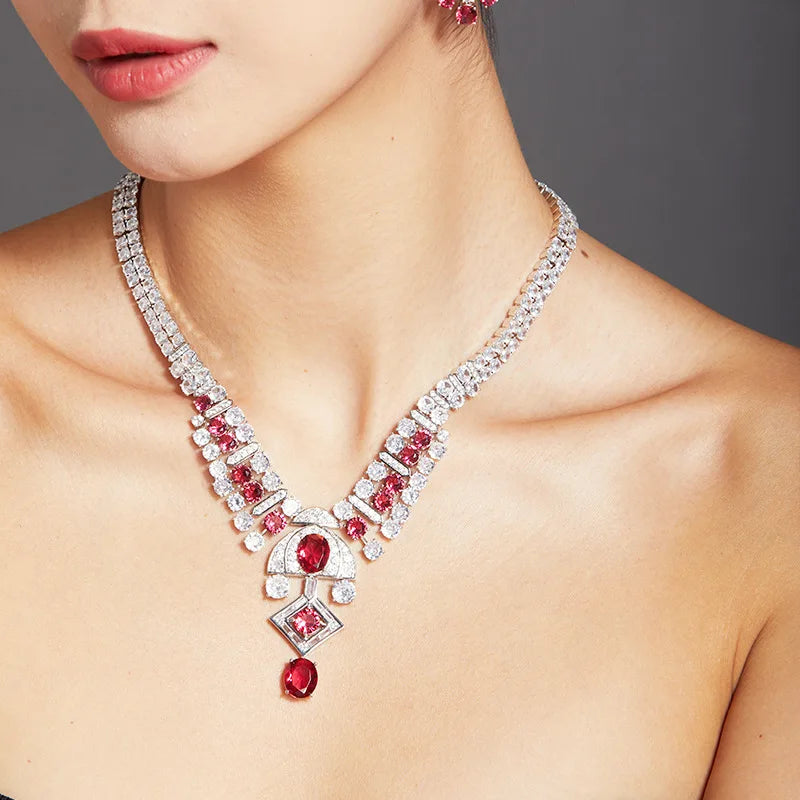 Customized Jeweler Brass Plated 18K Ocean Goddess Series Red Gemstone Exaggerated Evening Dress Accessories