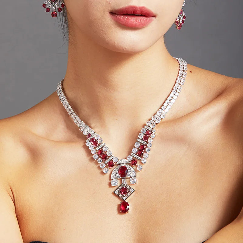 Customized Jeweler Brass Plated 18K Ocean Goddess Series Red Gemstone Exaggerated Evening Dress Accessories