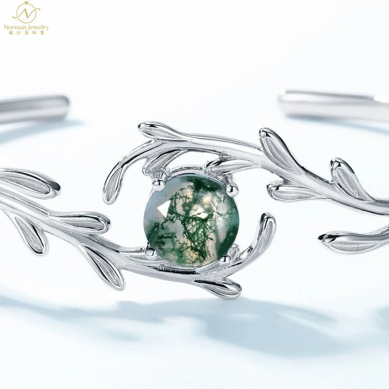 2023 Trendy Luxury S925 Sterling Silver Bracelet Children Green Moss Stone Aquatic Agate Fine Bangle Cross-Border New