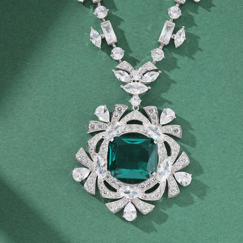 Rhodium Plated Fine Pendant Necklace Exquisite Fan-Shape with Handmade Zircon Inlay Elegant Charm for Weddings Banquets Parties