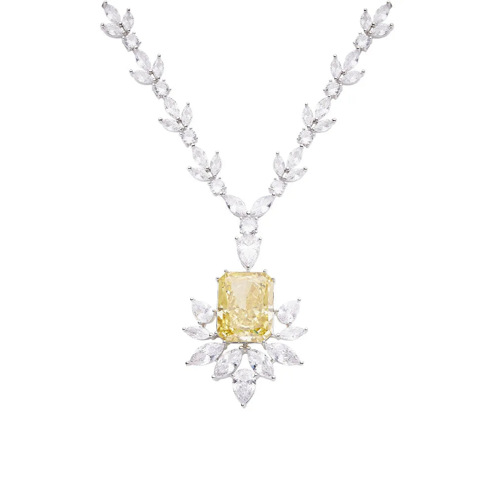 Brass Rhodium Geometric Flower Necklace for Women Latest Designs with Yellow Zircon Birthstone Stylish and Trendy for Parties