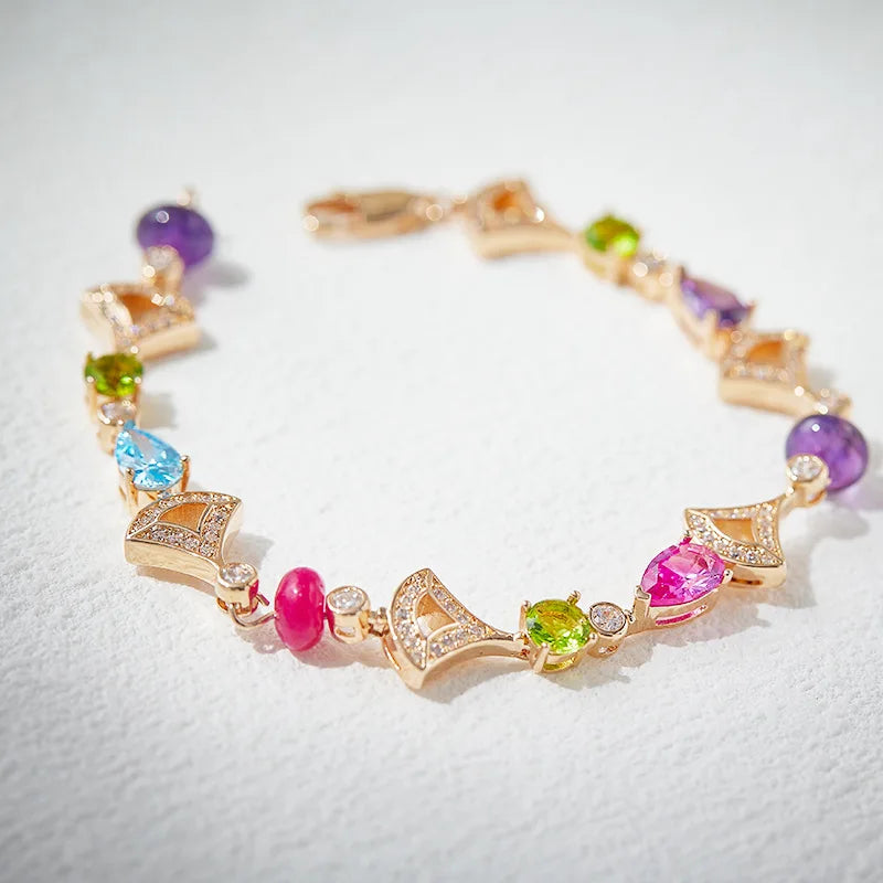 Luxury Fashion Women's Water Drop Fan-Shape Beaded Bracelet 18K Gold-Inlaid Electroplated Brass with Zircon Main Stone