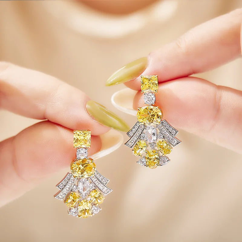 18K Gold-Plated European American Style Yellow Diamond Earrings High-End Luxurious Square Diamonds Medium Long Drop Women's
