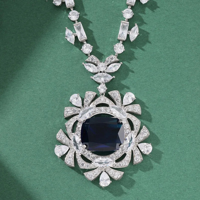 Rhodium Plated Fine Pendant Necklace Exquisite Fan-Shape with Handmade Zircon Inlay Elegant Charm for Weddings Banquets Parties