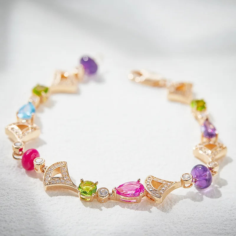 Luxury Fashion Women's Water Drop Fan-Shape Beaded Bracelet 18K Gold-Inlaid Electroplated Brass with Zircon Main Stone