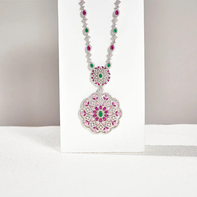 Rhodium Plated Women's Pendant Necklace with Zirconia Inlay Fashionable Luxurious for Wedding Party Evening Wear Sweater Chain