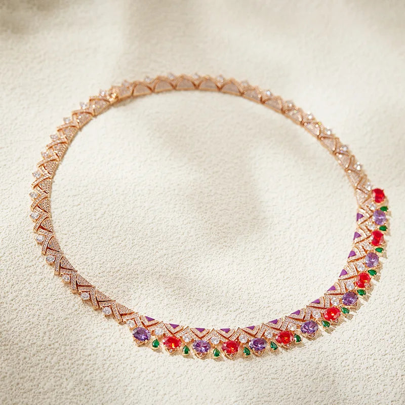 High-End 18K Gold Orange Purple Plated Brass Necklace Irregular Triangular Design Classic Dress Collarbone Anniversary