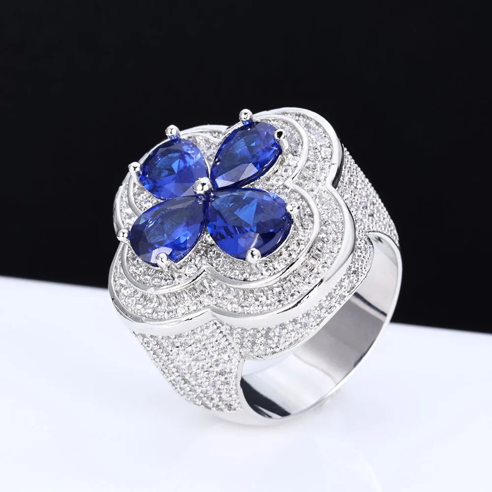 Blue Gemstone Flower Shape Rings White Gold Plated Hip Hop Style Iced Four Leaf Diamond Ring for Women Made Brass for Engagement