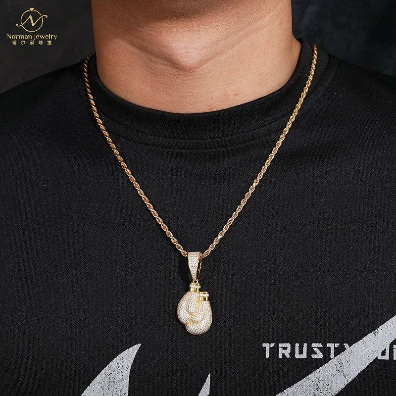S925 Silver Inlaid Moissanite Pendant Unisex Boxing Gloves Bamboo Chain High Quality European American Trendy Hip Hop Parties
