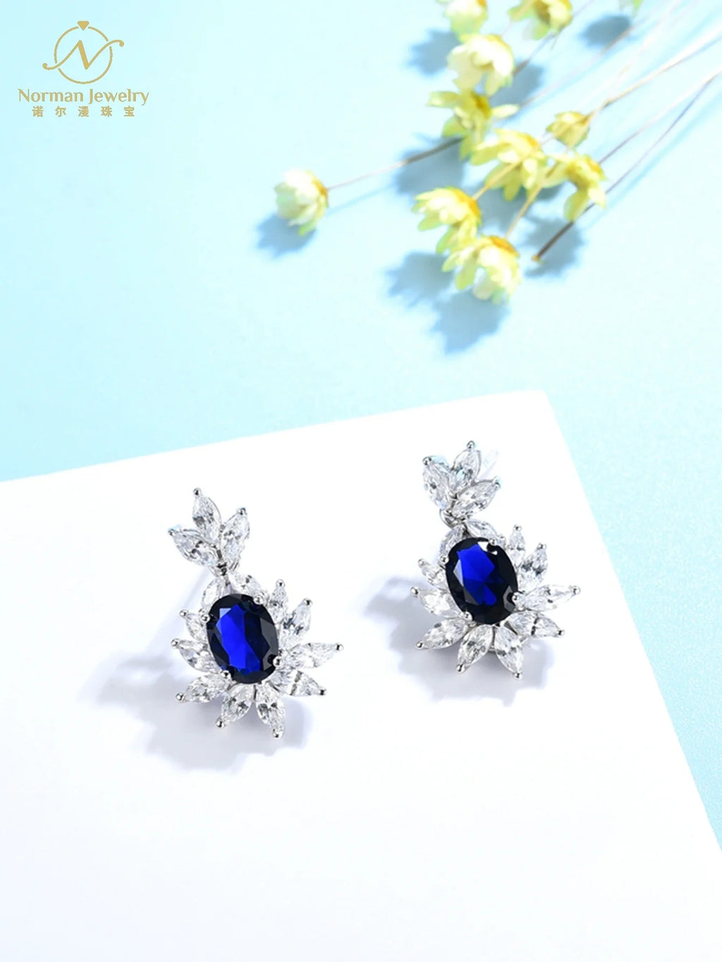 Luxury Gemstone Jewelry White Gold Natural Unheated Cornflower Sapphire Wedding Earrings