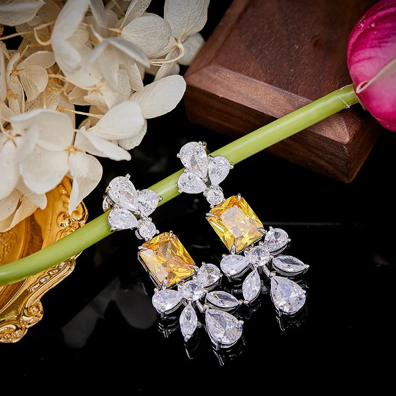 Fashion Handmade 18K White Gold Plated Jewelry Luxury Yellow Diamond Stud Earrings for Women