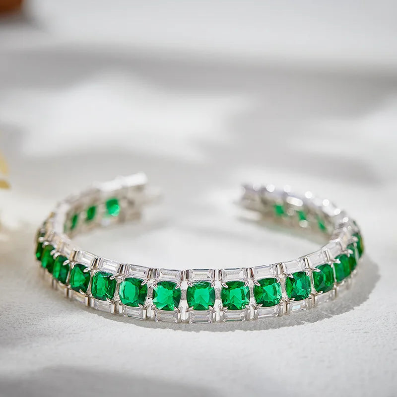 Forest Style Sterling Silver Simple Single Row Full Diamond Green Spinel Tennis Chain Bracelet