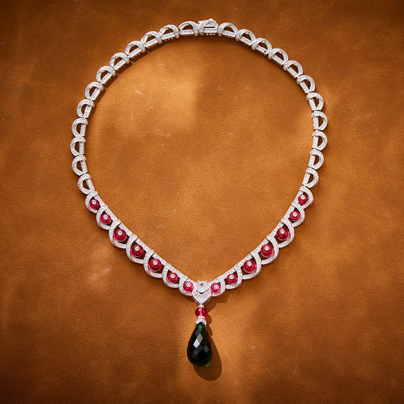 Trendy Crystal Water Necklace with Exquisite Rhodium-Plated Goddess Design Brass Pendant Green Water Droplet for Grandmothers