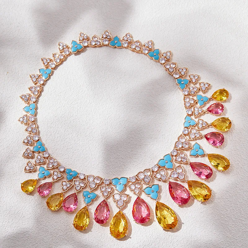 Brass Plated Champagne Gold Exaggerate Sexy Fashion Colorful Evening Dress Necklace Morgan Powder Luxury Jewelry Short Chain