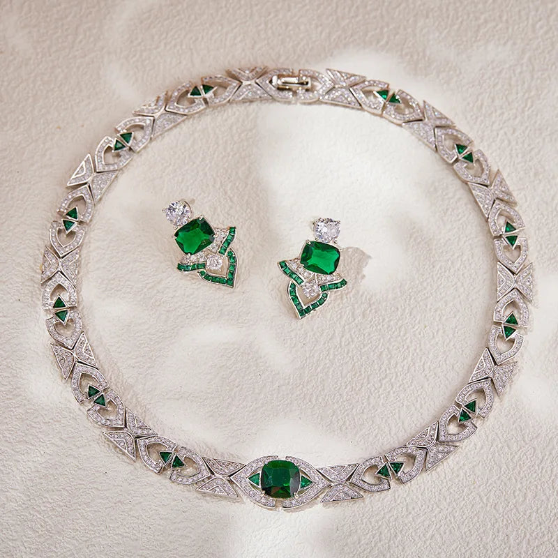 Wholesale Brass Electroplated Green Small Fan Chocker Necklace Set Women's Evening Dress Jewelry