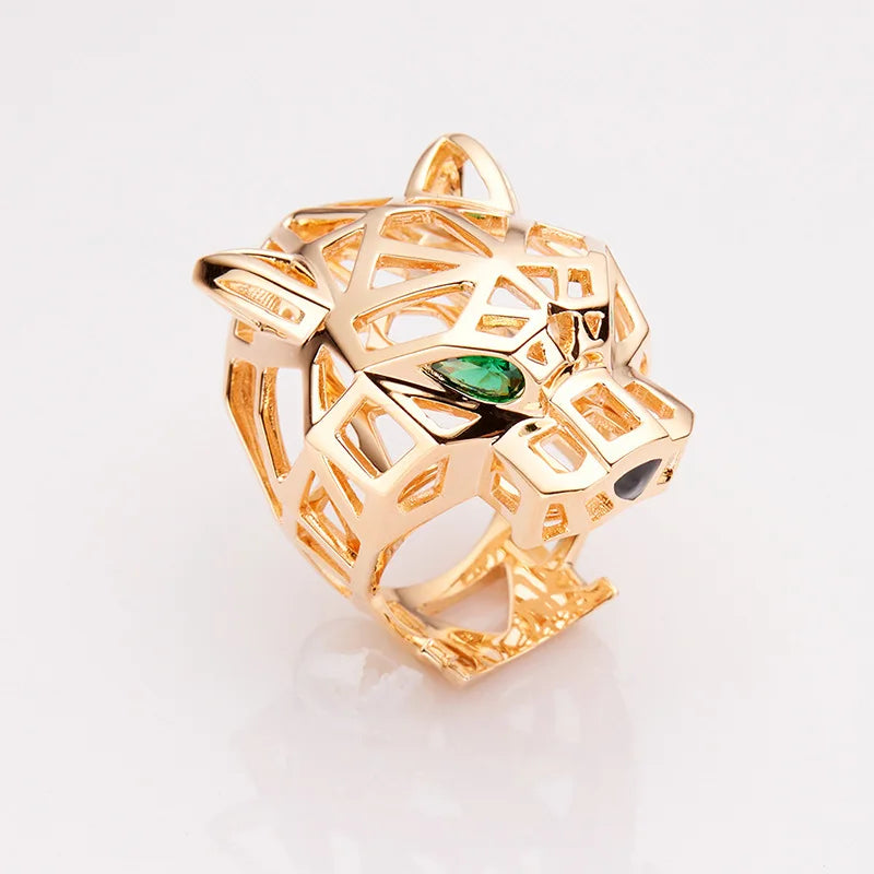 Women's Trendy Gold-Plated Brass Leopard Zircon Ring Creative Fashion Tarnish-Free Jewelry with Bezel Setting Inlay