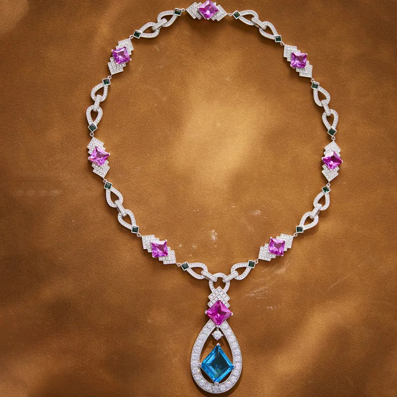 Exquisite Natural Sapphire Necklace Retro Water Droplet Pendant Geometric Gold Jewelry Women's Engagement Rhodium