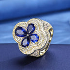 Blue Gemstone Flower Shape Rings White Gold Plated Hip Hop Style Iced Four Leaf Diamond Ring for Women Made Brass for Engagement