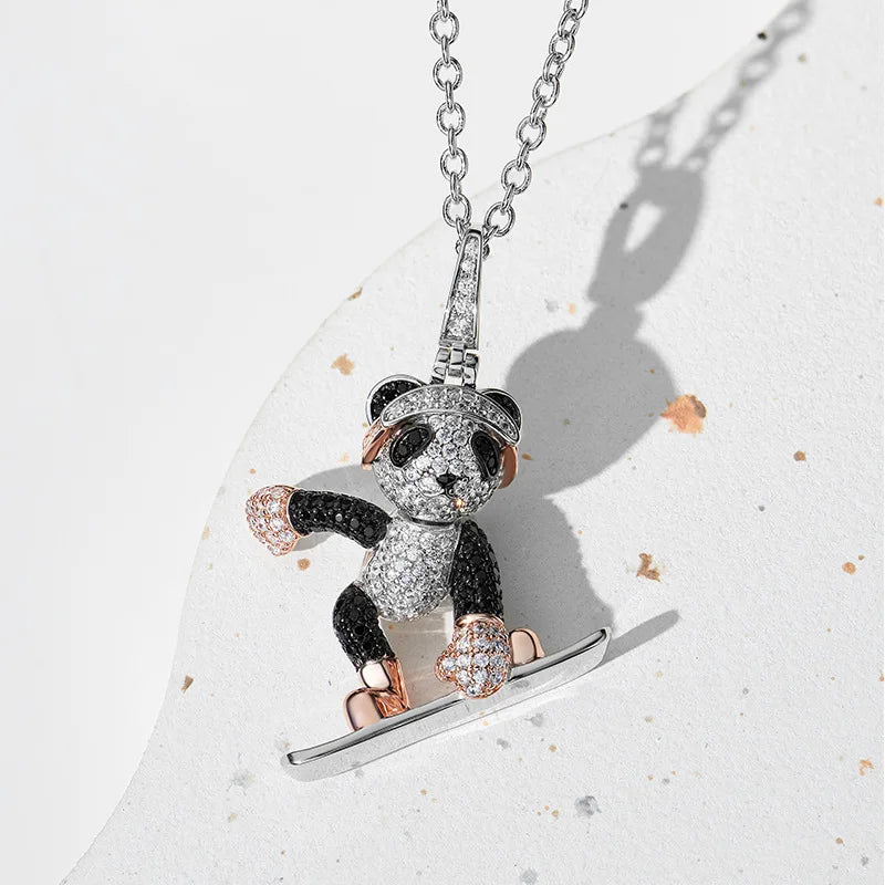 Creative Personality 3D Stereoscopic Red Panda Pendant Necklace Brass Skateboard Bear in Trendy Hip-Hop Style for Parties