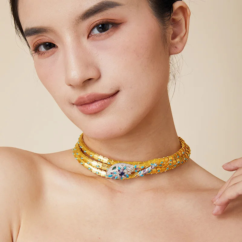 18K Gold Blue Three-Layer Princess Snake Pendant Necklace Luxury Unisex Wedding Engagement Accessory Trendy Brass Zircon Banquet