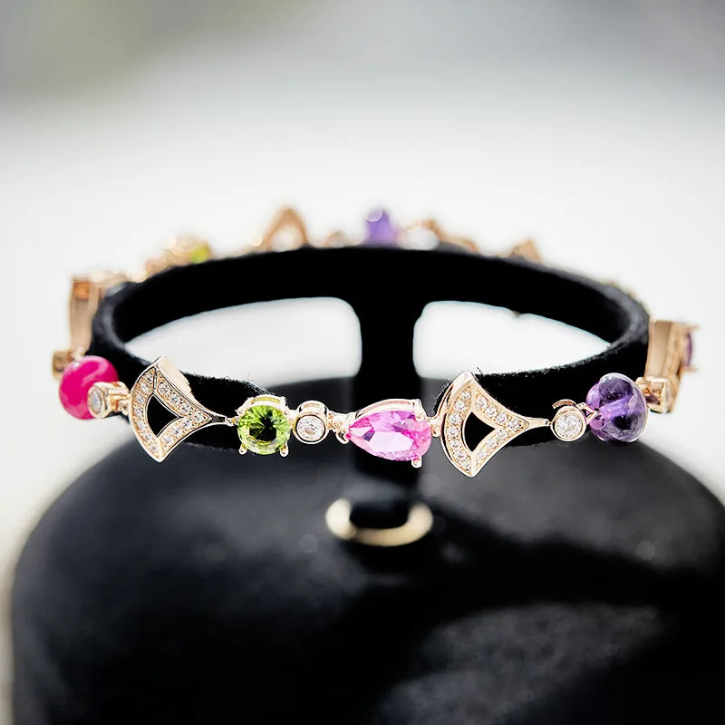 Luxury Fashion Women's Water Drop Fan-Shape Beaded Bracelet 18K Gold-Inlaid Electroplated Brass with Zircon Main Stone