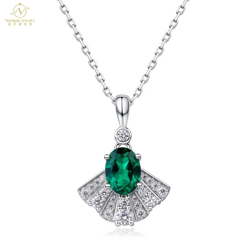 European American Retro Fashion Necklace S925 Silver Cultivated Emerald Cross-Border Small Fan-Shape Clavicle Chain New Luxury