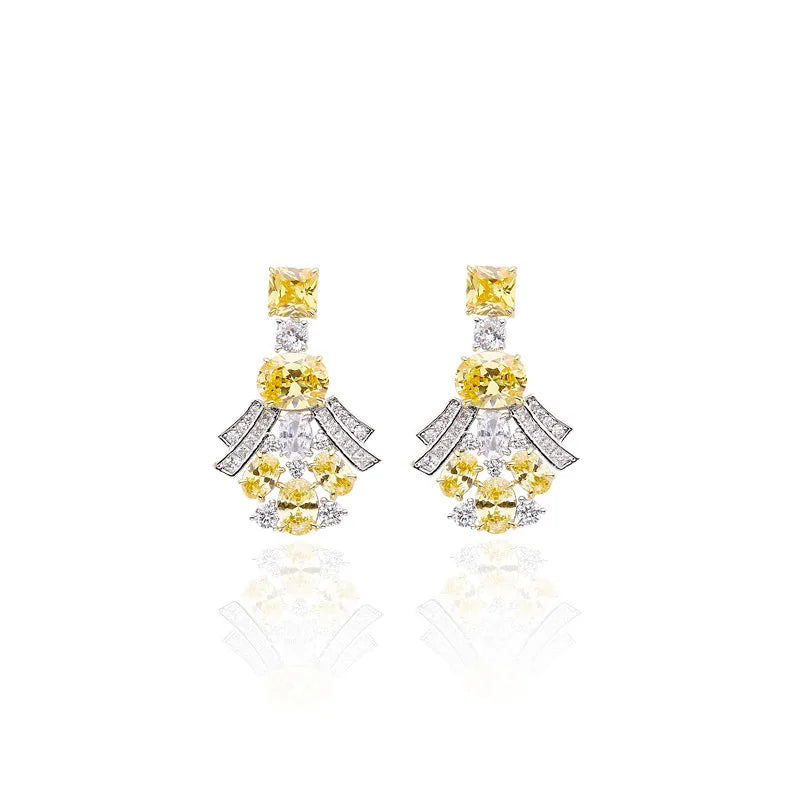 18K Gold-Plated European American Style Yellow Diamond Earrings High-End Luxurious Square Diamonds Medium Long Drop Women's