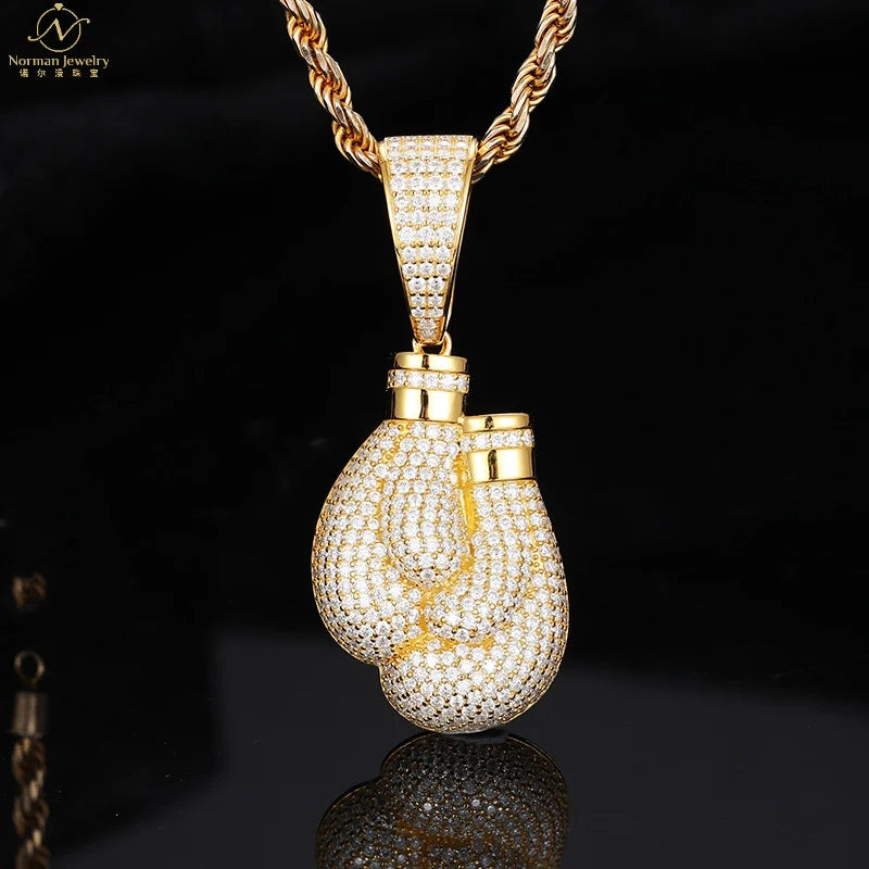 S925 Silver Inlaid Moissanite Pendant Unisex Boxing Gloves Bamboo Chain High Quality European American Trendy Hip Hop Parties