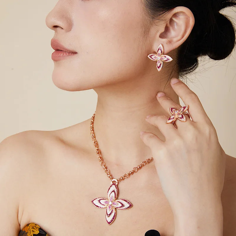 Cute Girl Fashion Versatile Colorful Zircon Flower Necklace for Women's Champagne Plated Long Pendant