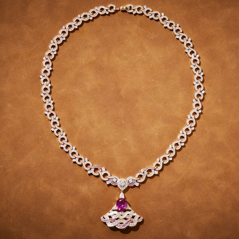 Champagne Plated Pink Fan Pendant Necklace Exquisite Fashionable Necklace for Wedding Party Charming Bride Girlfriend Gift