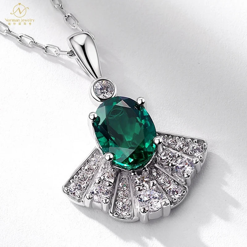 European American Retro Fashion Necklace S925 Silver Cultivated Emerald Cross-Border Small Fan-Shape Clavicle Chain New Luxury