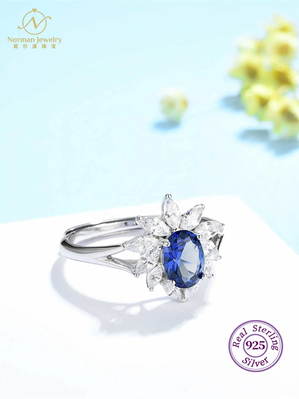 Women's Natural Royal Blue Sapphire Flower Ring Solid Gold Wedding or Engagement Jewelry for Parties
