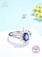 Women's Natural Royal Blue Sapphire Flower Ring Solid Gold Wedding or Engagement Jewelry for Parties