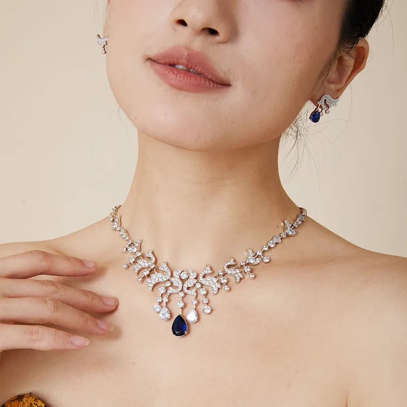 New Cubic Zirconia Women Party Necklace Luxury High-End Water Droplet Blue Diamond Necklace