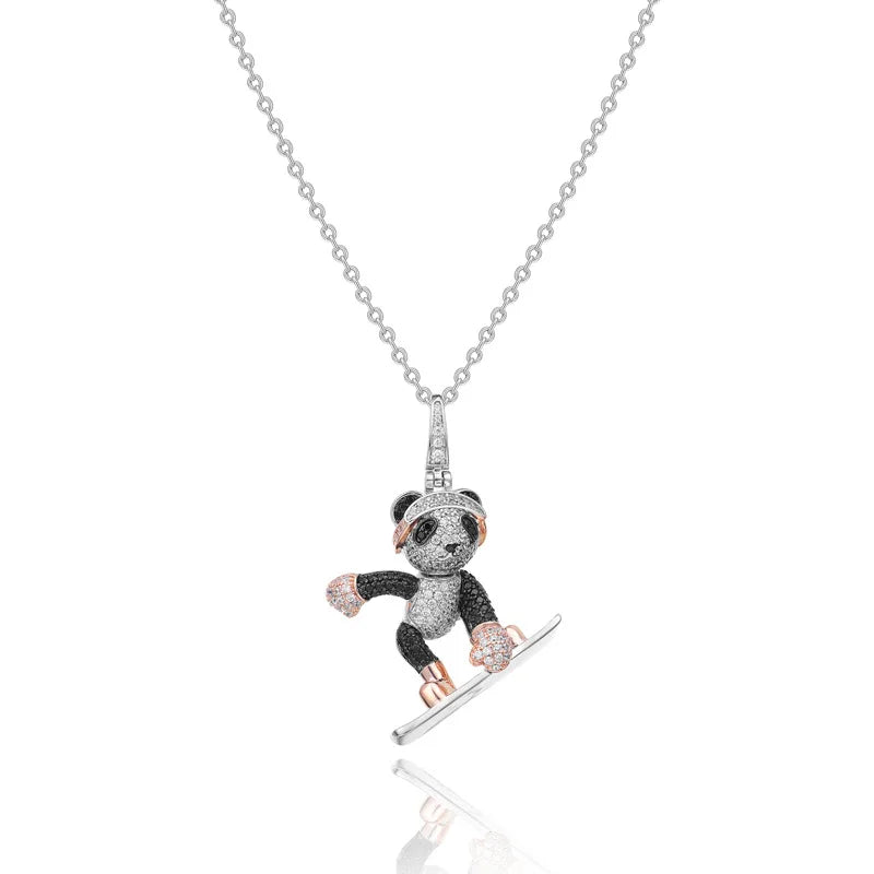 Creative Personality 3D Stereoscopic Red Panda Pendant Necklace Brass Skateboard Bear in Trendy Hip-Hop Style for Parties