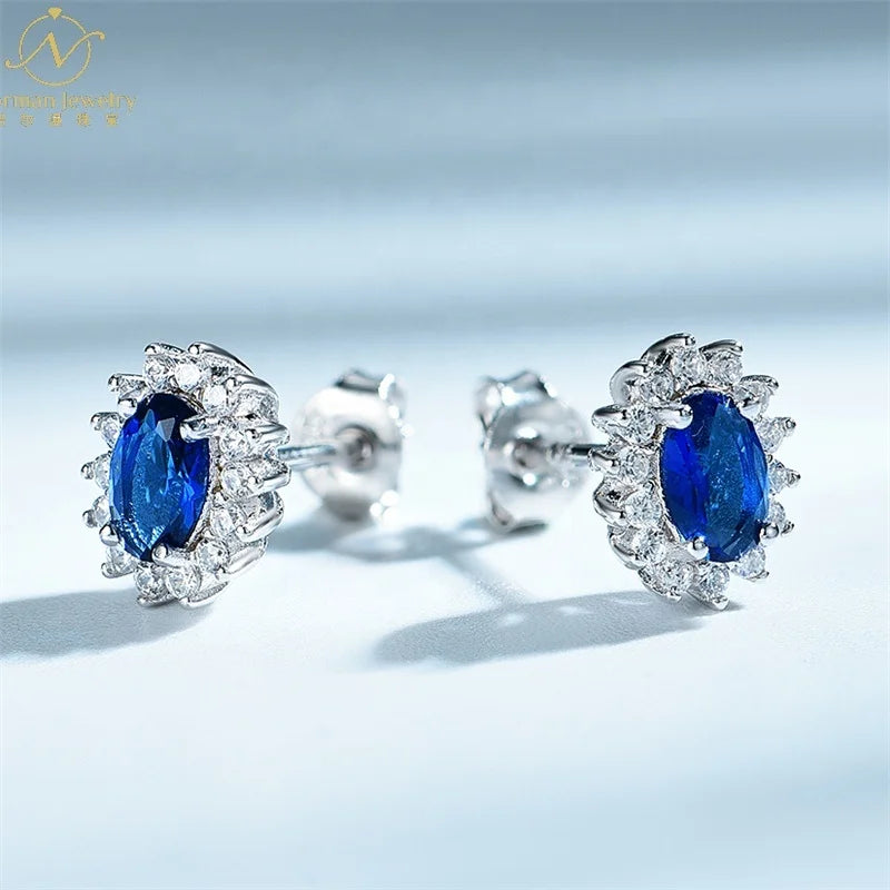 Luxury Rhinestone Blue Zircon Earrings Trendy Sterling Silver Hoop Earrings for Women Floral Shape Pattern Fashion Jewelry
