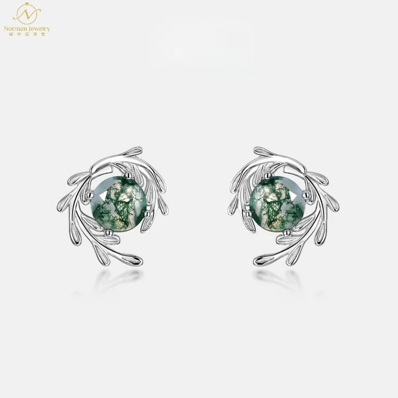 European American Style 925 Silver Cross-Border New Green Moss Stone Fine Stud Earrings Women's Aquatic Plants Agate Gold
