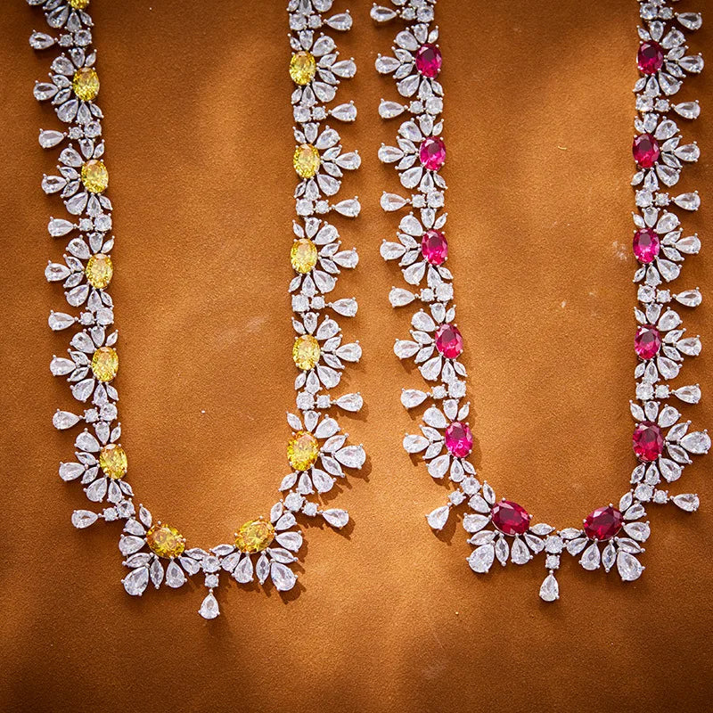 Hot Selling 18K Gold-Plated Horse Eye Red Gemstone Necklace Luxurious Saudi Ultra-Bright Zircon Trendy Brass for Weddings