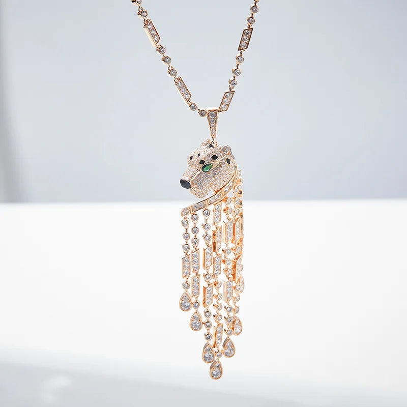 18K Gold-Plated Exquisite Pendant Necklace Zircon Heavy Industry Enamel Leopard Print Tassel Men's Women's Luxury Sweater Chain