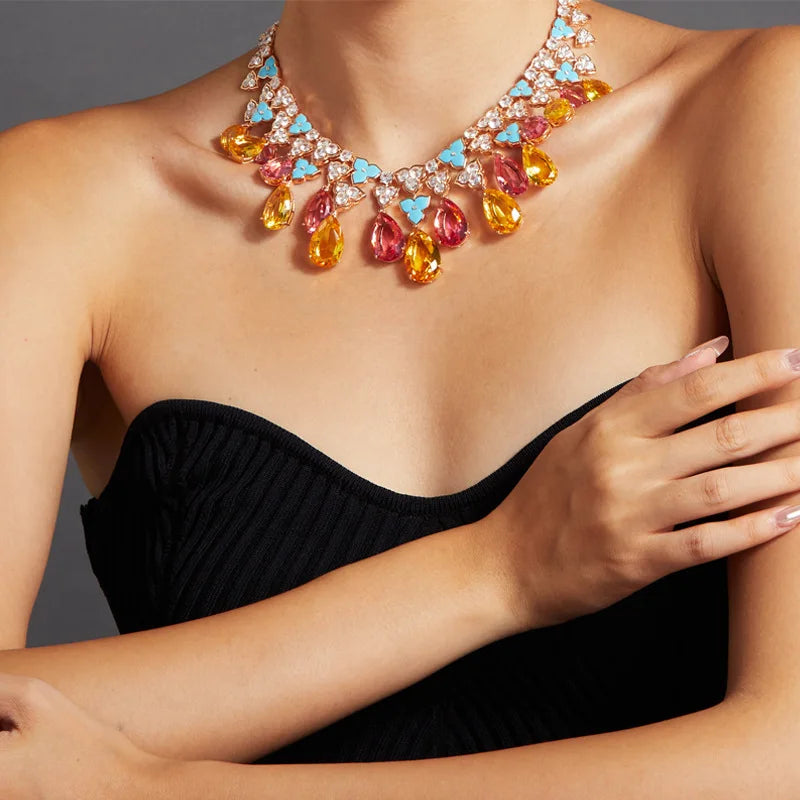 Brass Plated Champagne Gold Exaggerate Sexy Fashion Colorful Evening Dress Necklace Morgan Powder Luxury Jewelry Short Chain