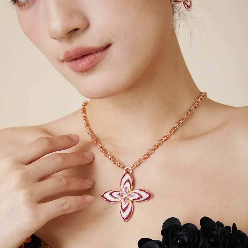 Cute Girl Fashion Versatile Colorful Zircon Flower Necklace for Women's Champagne Plated Long Pendant