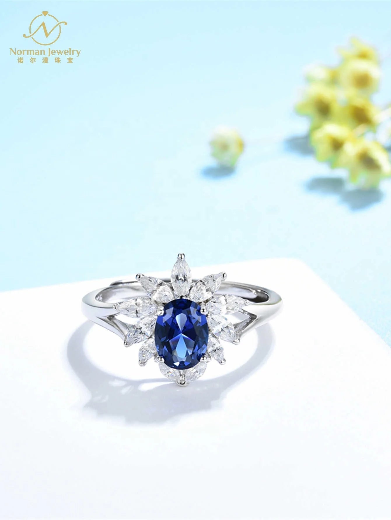 Women's Natural Royal Blue Sapphire Flower Ring Solid Gold Wedding or Engagement Jewelry for Parties