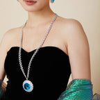 Rhodium Plated Navy Blue Grand Exaggerated Design Treasure Long Necklace Trendy Zircon Inlay for Men Women's Party Mainly Made