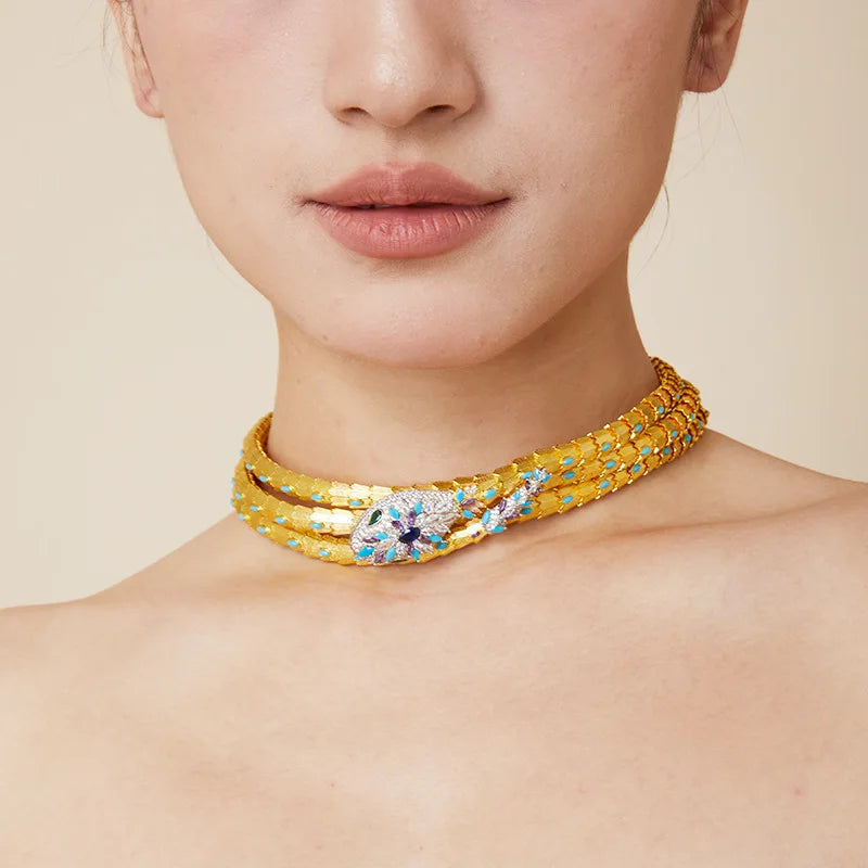 18K Gold Blue Three-Layer Princess Snake Pendant Necklace Luxury Unisex Wedding Engagement Accessory Trendy Brass Zircon Banquet