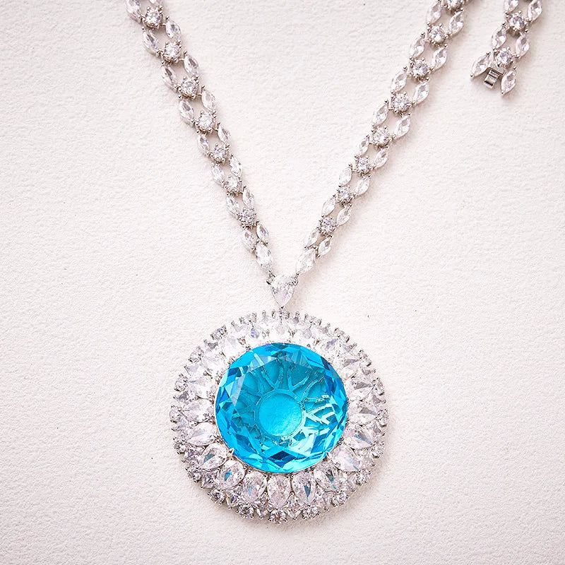 Rhodium Plated Navy Blue Grand Exaggerated Design Treasure Long Necklace Trendy Zircon Inlay for Men Women's Party Mainly Made