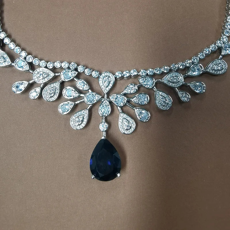 Luxury High-End Women's Water Droplet Blue Diamond Pendant Necklace Trendy Party Accessory Made of Brass with Cubic Zirconia