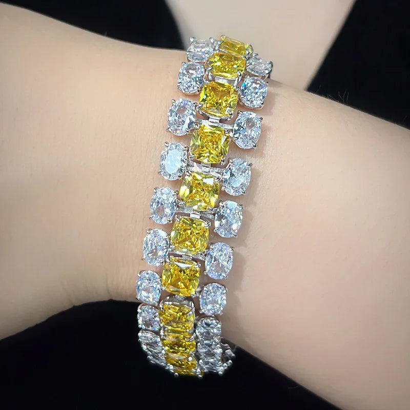 Luxury Large Zircon Pillow Shaped Yellow Zircon Tassel Design Bracelet Rhodium-plated Fashionable High-end Jewelry